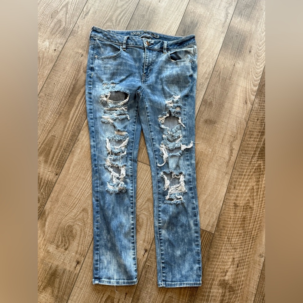 American Eagle Outfitters Acid Wash Blue Skinny Jeans Distressed Design